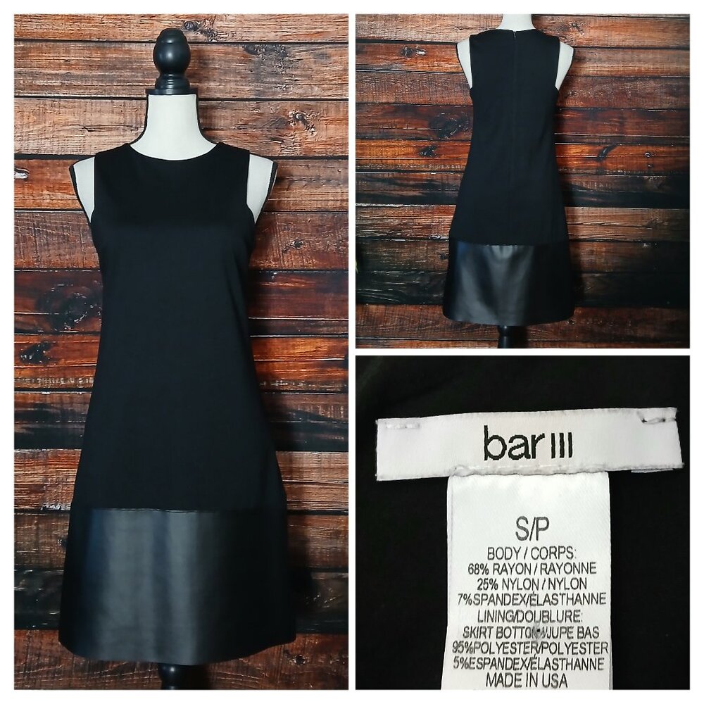 Bar III Vintage Dress S Black Ponte Faux Leather Trim Zip Made in USA